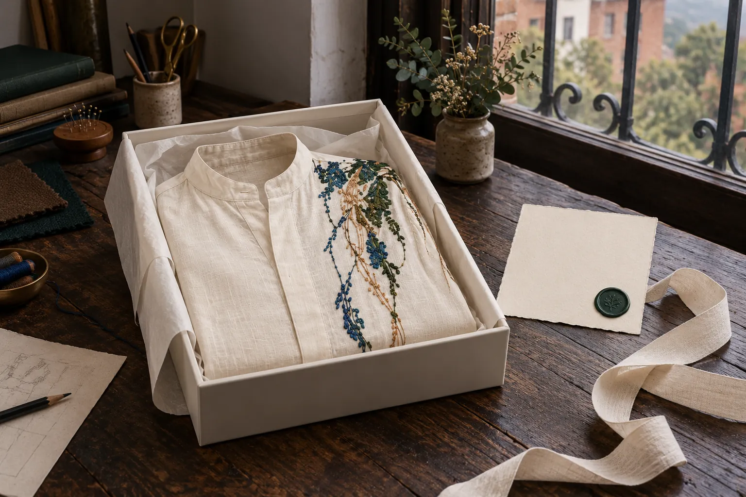 Camisa marfil doblada en una caja con papel de seda, junto a una tarjeta con sello de lacre verde.